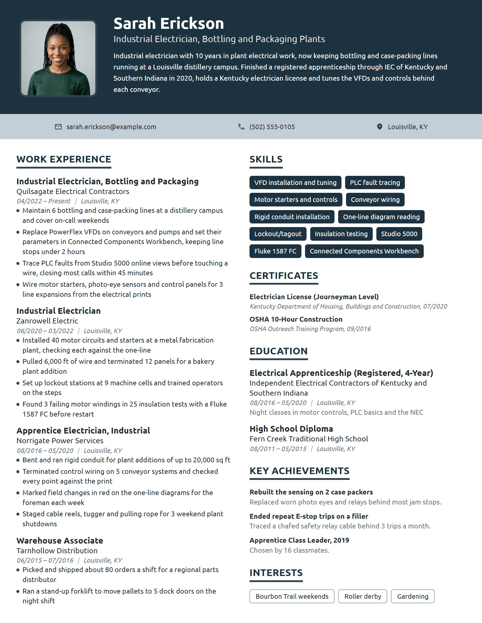 Industrial Electrician resume example