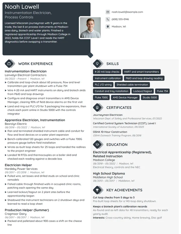Instrumentation Electrician resume example