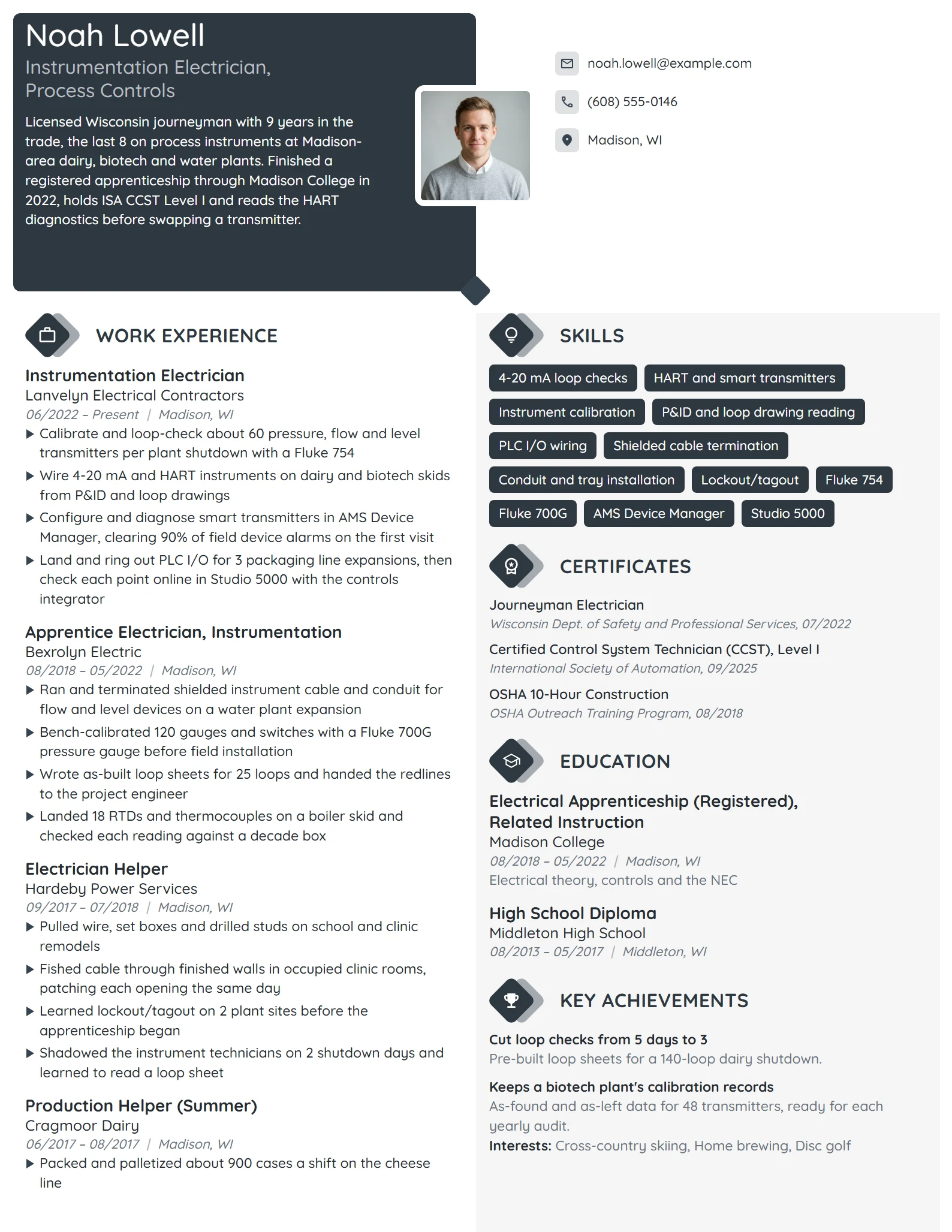 Instrumentation Electrician resume example