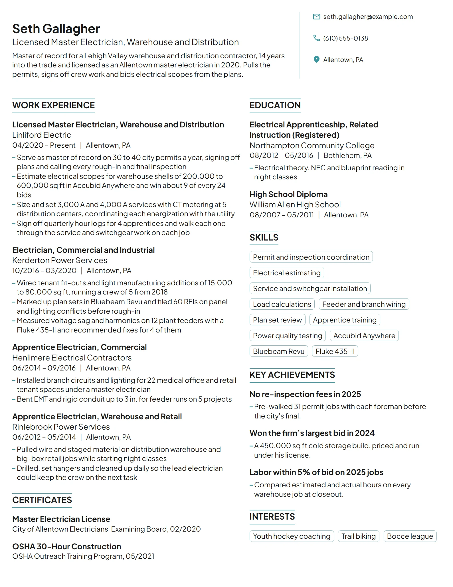 Licensed Master Electrician resume example