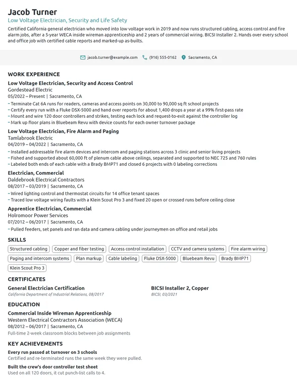Low Voltage Electrician resume example