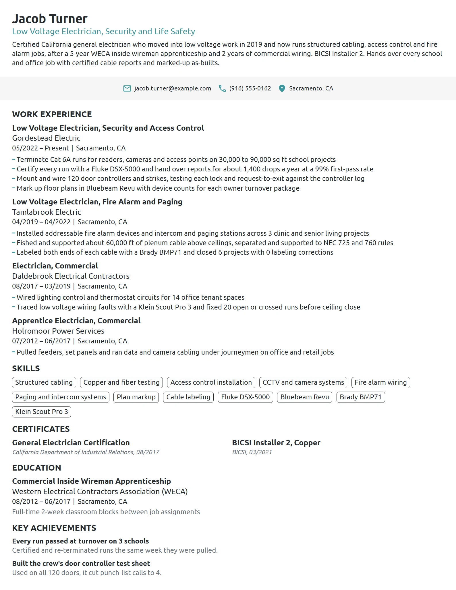 Low Voltage Electrician resume example