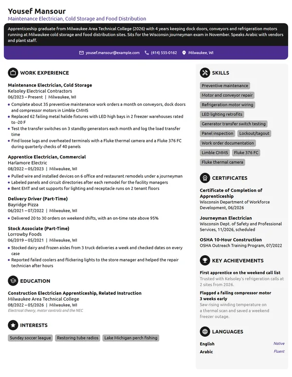 Maintenance Electrician resume example