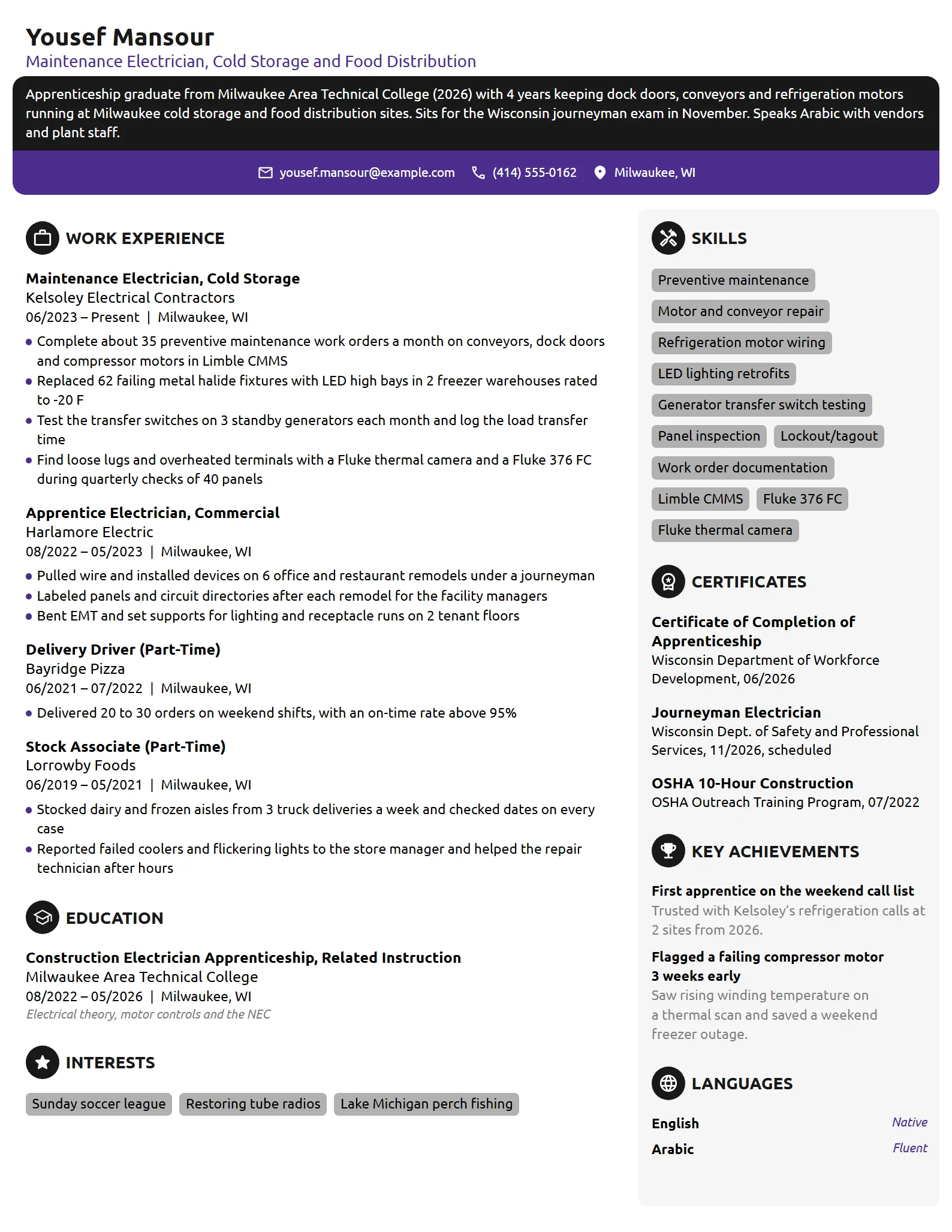 Maintenance Electrician resume example