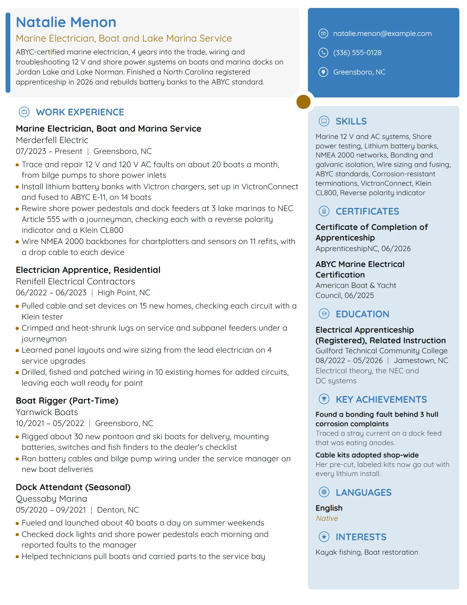 Marine Electrician resume example