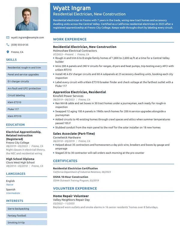 Residential Electrician resume example