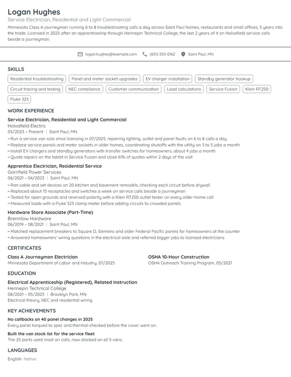 Service Electrician resume example