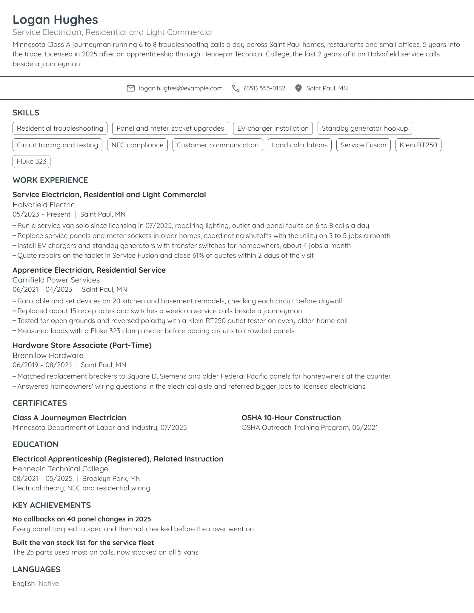 Service Electrician resume example