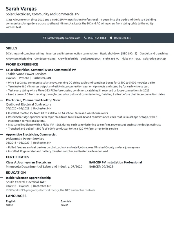 Solar Electrician resume example