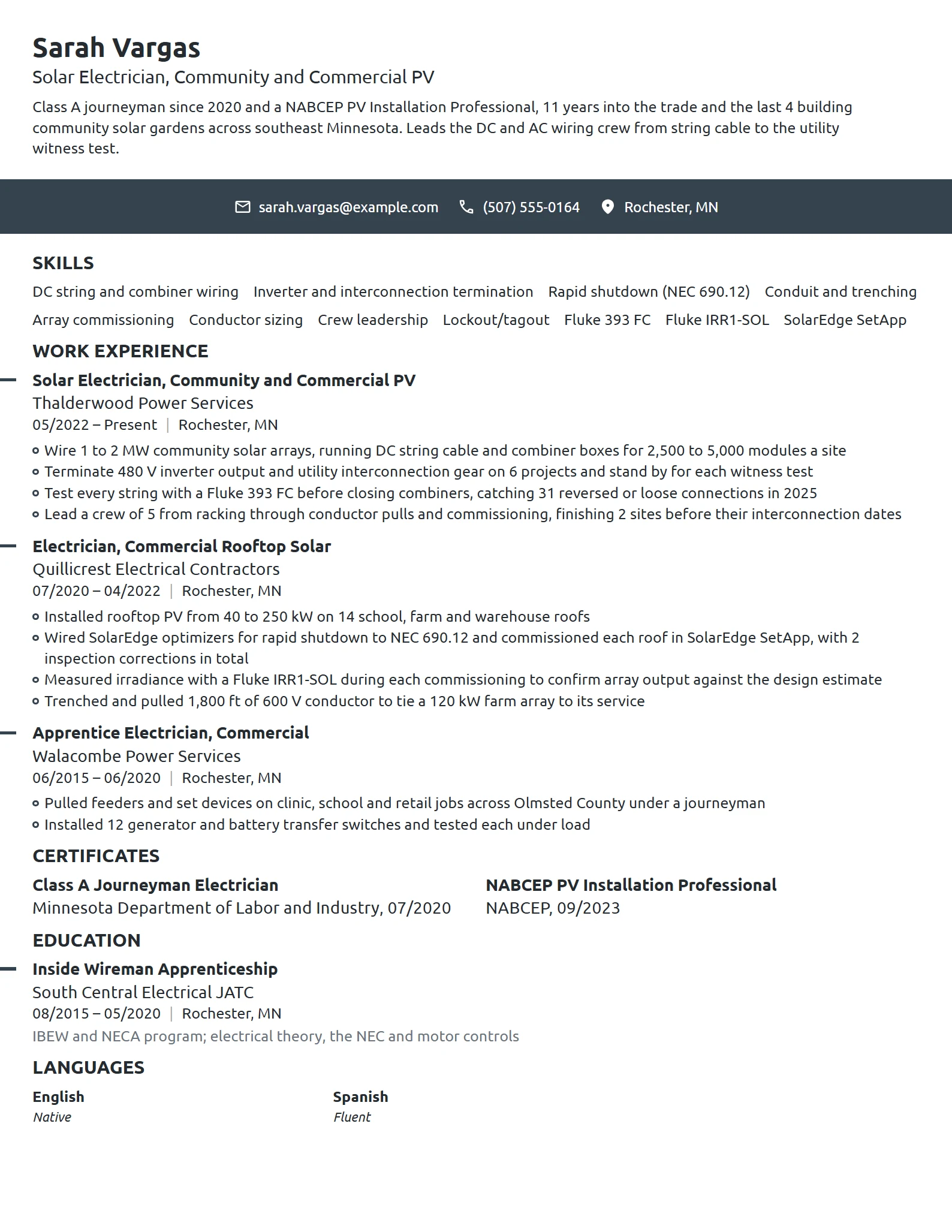 Solar Electrician resume example