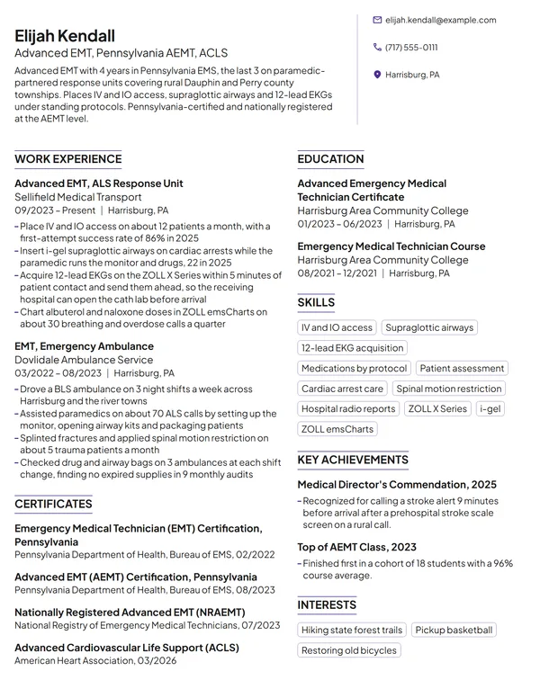 Advanced EMT resume example