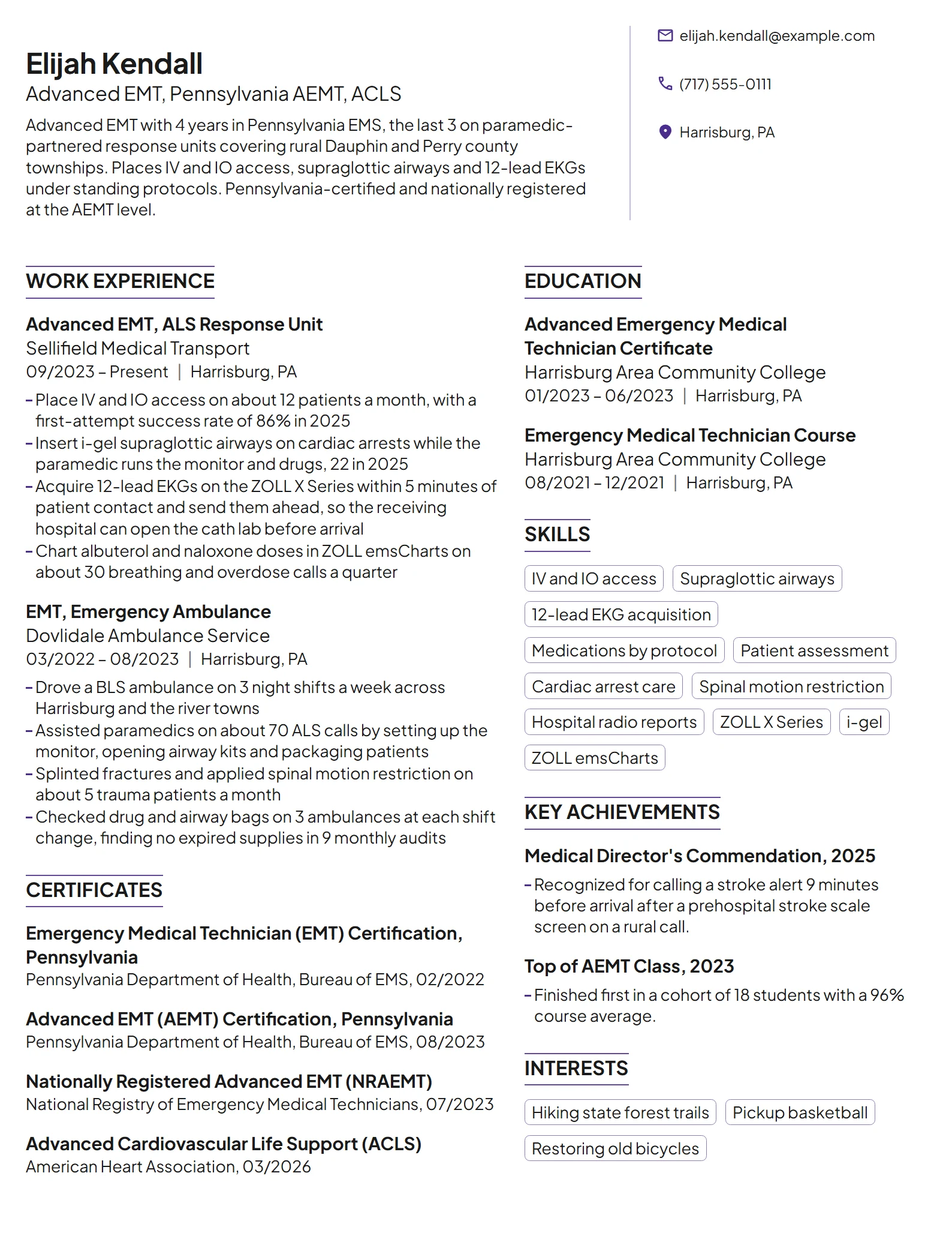 Advanced EMT resume example