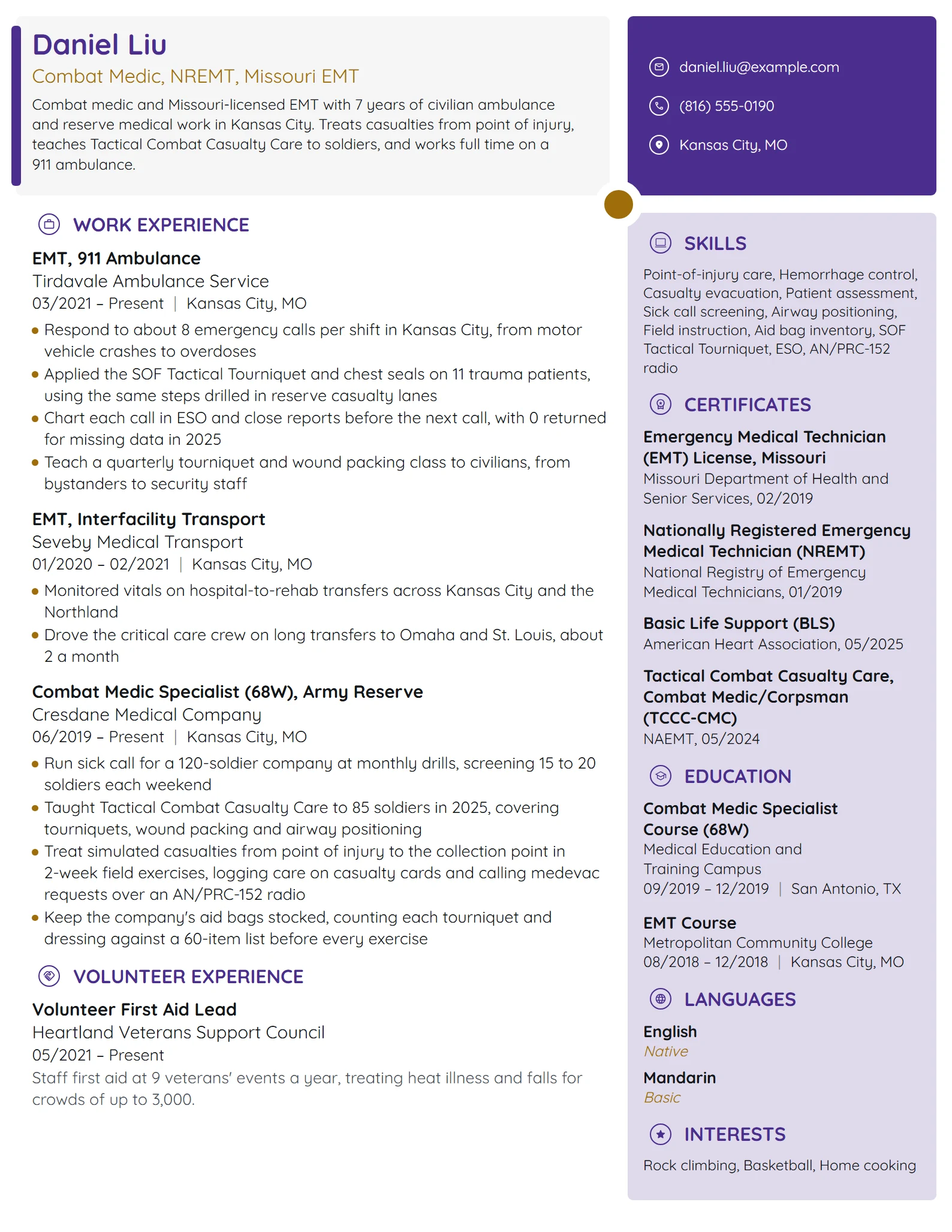 Combat Medic resume example