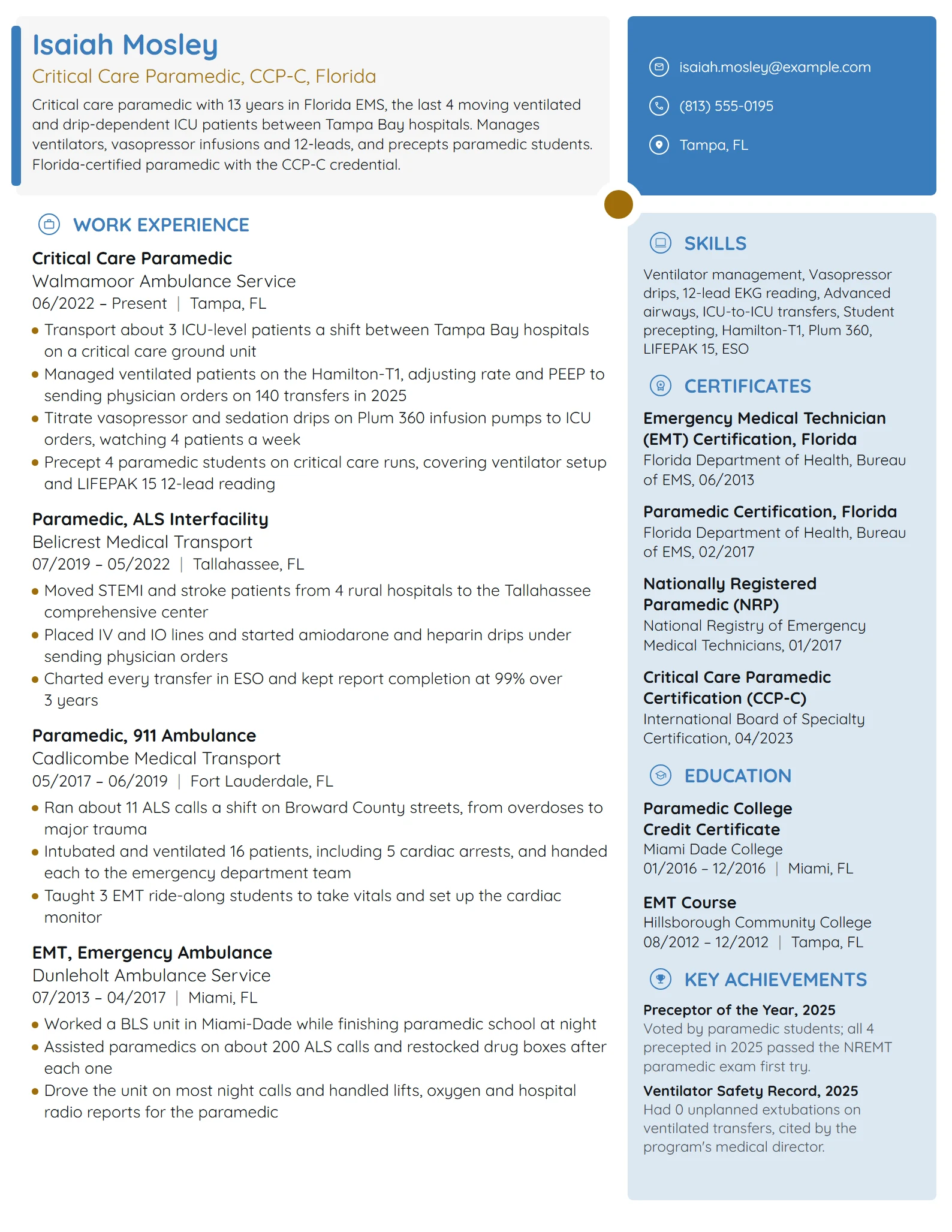 Critical Care Paramedic resume example