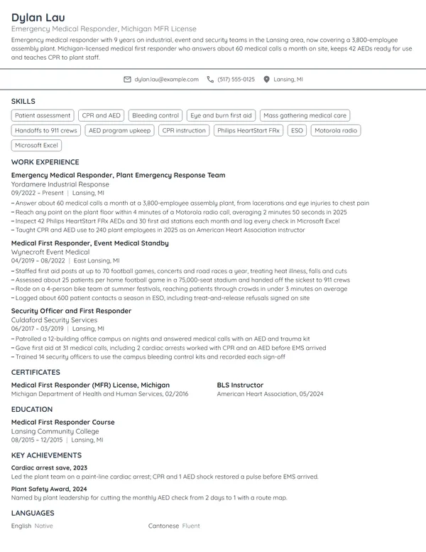 Emergency Medical Responder resume example