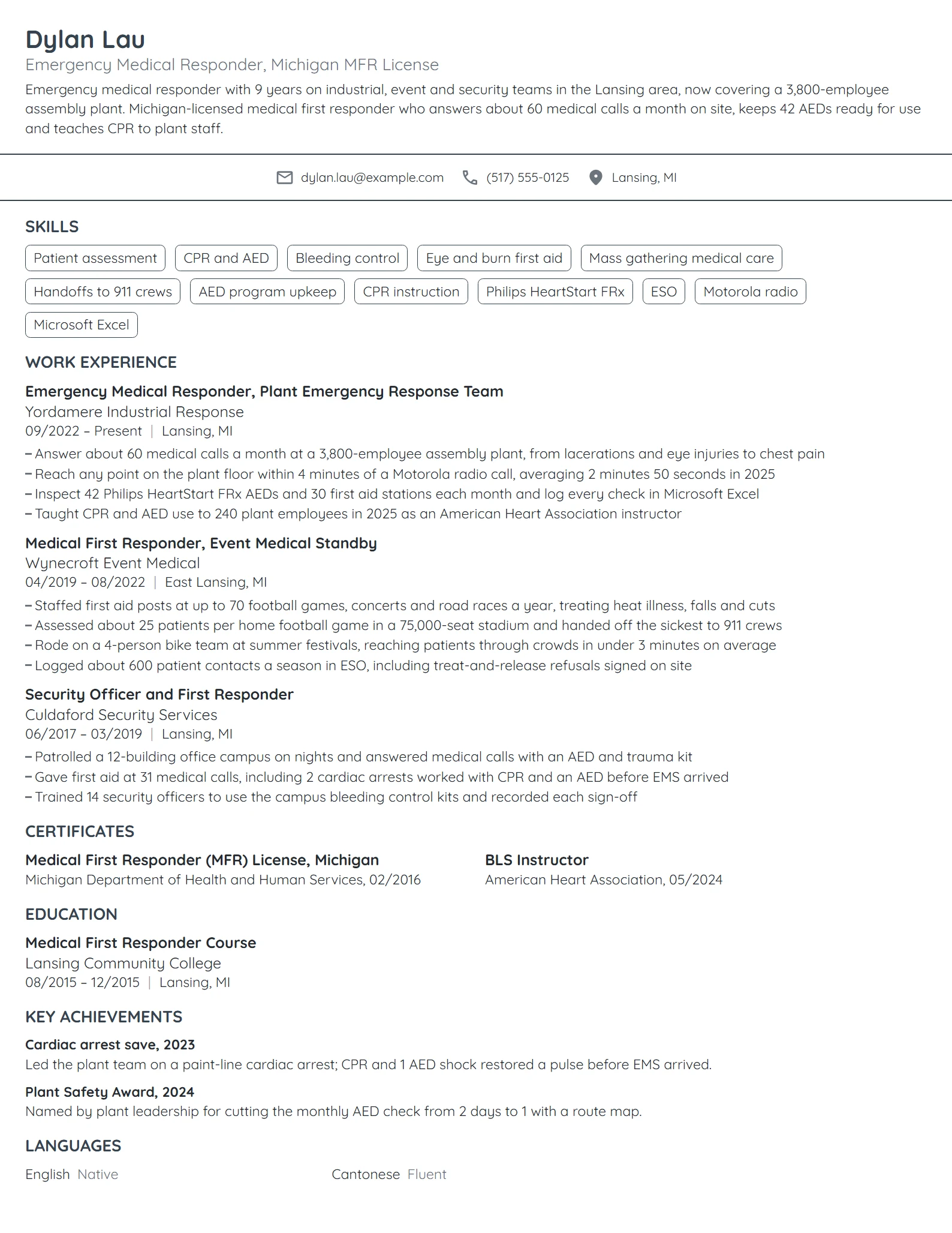 Emergency Medical Responder resume example