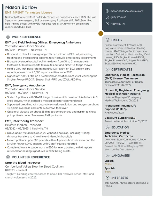 Emergency Medical Technician (EMT) resume example