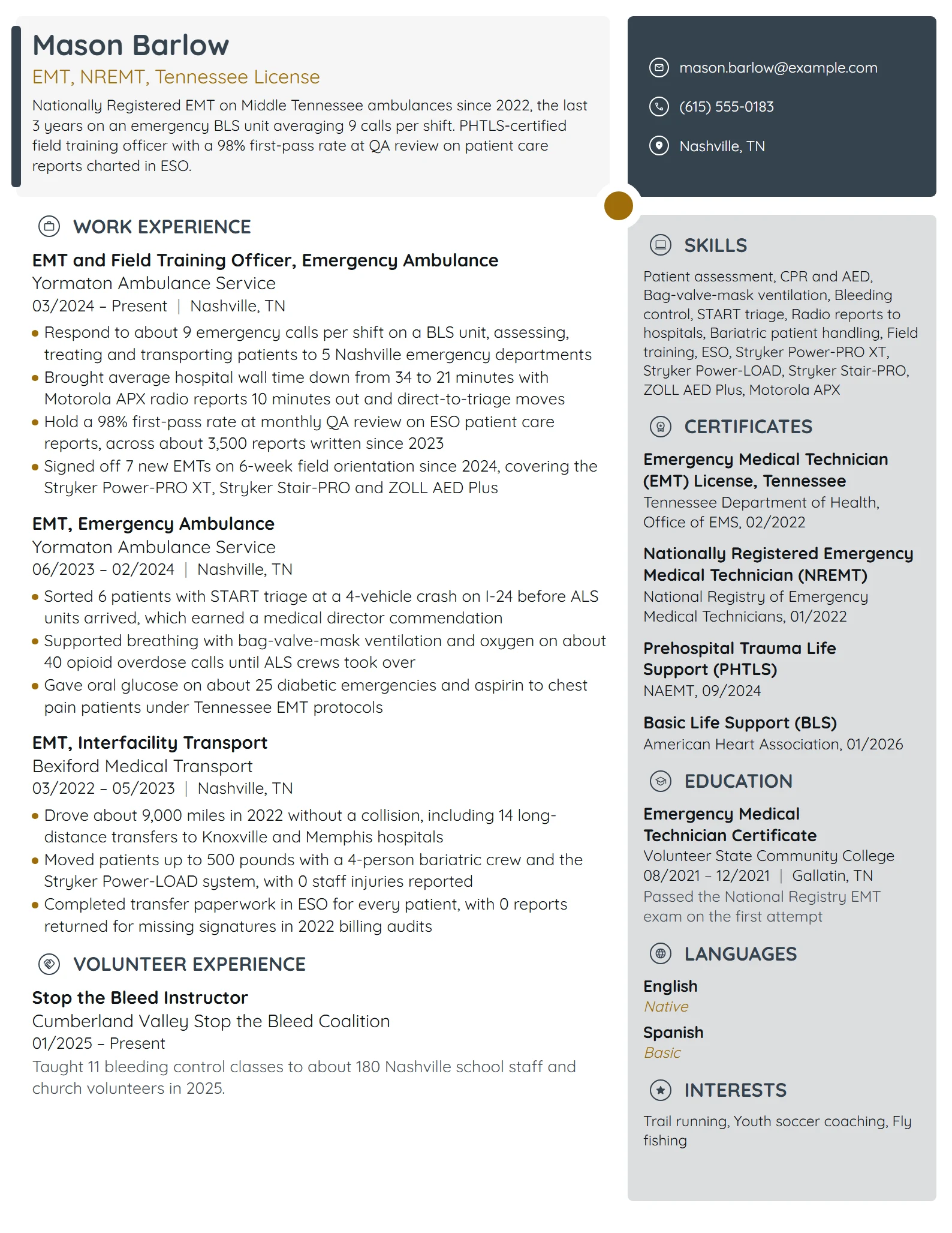 Emergency Medical Technician (EMT) resume example