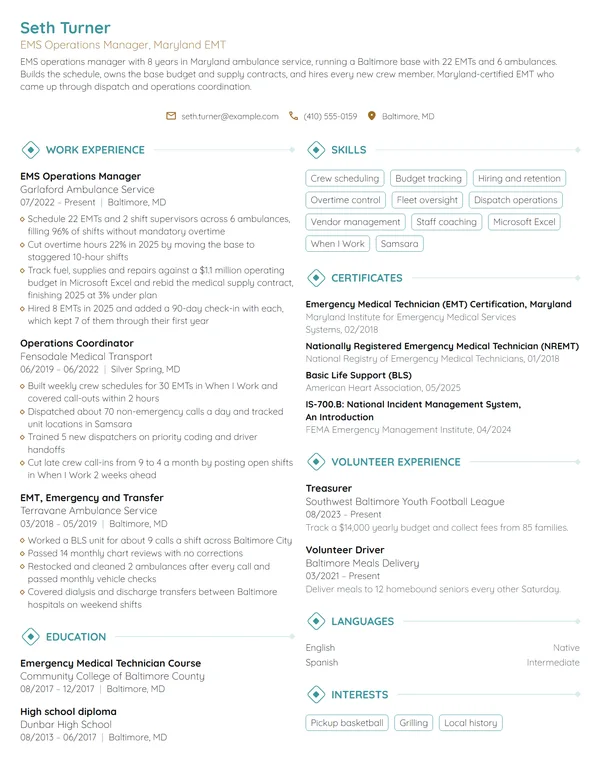 EMS Operations Manager resume example
