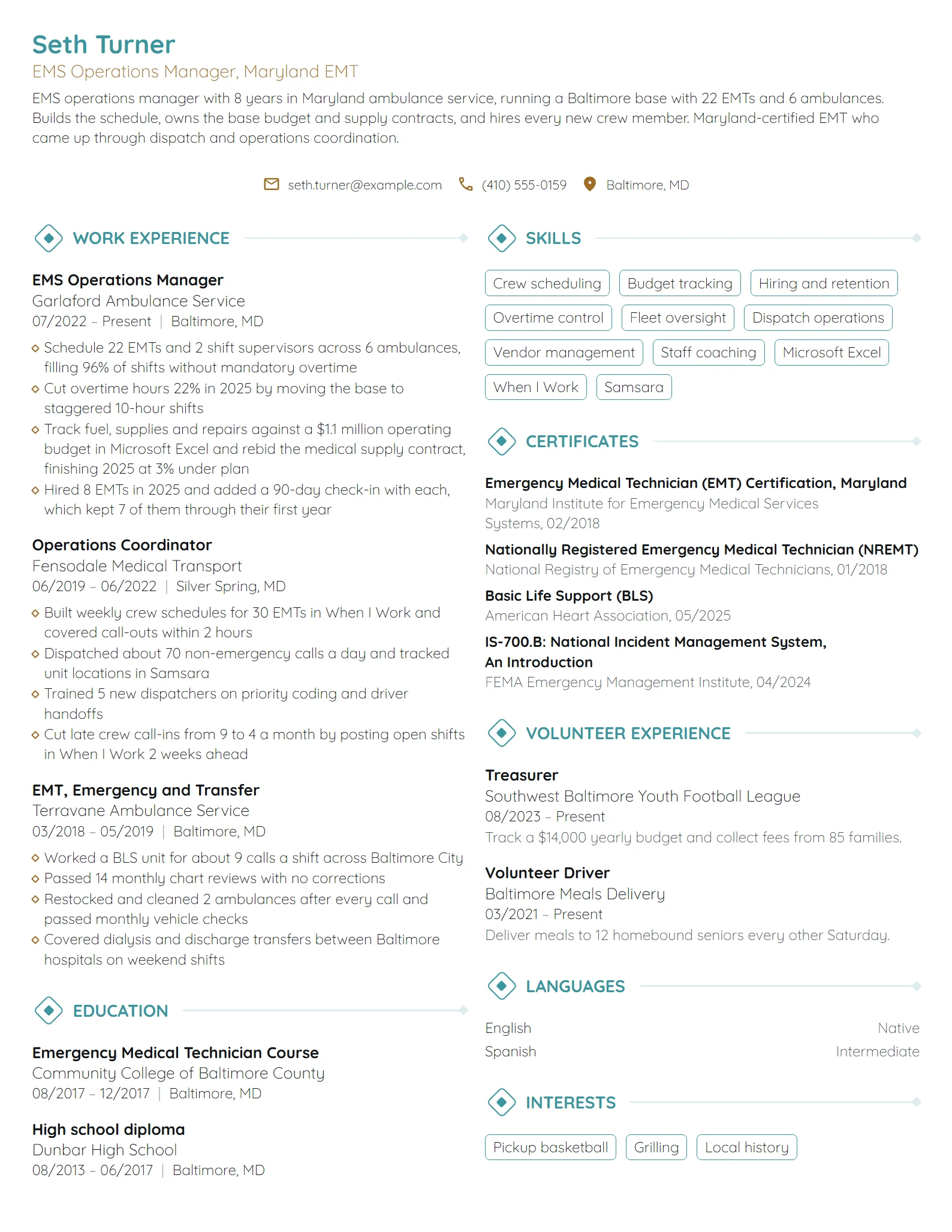 EMS Operations Manager resume example