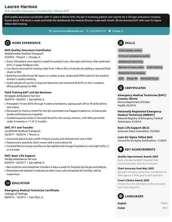 EMS Quality Assurance Coordinator resume example