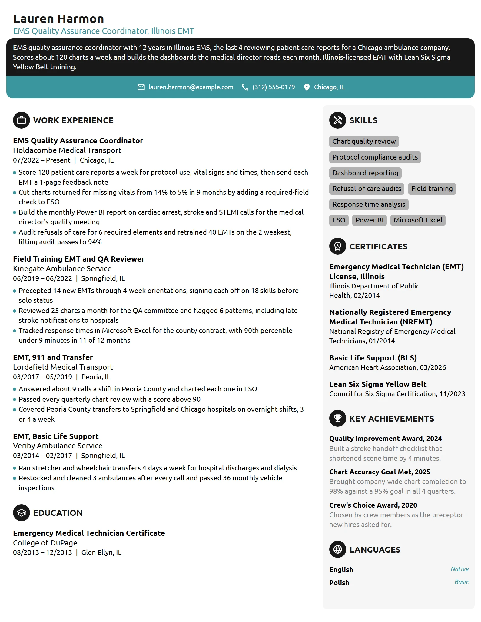 EMS Quality Assurance Coordinator resume example