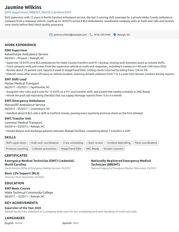 EMS Supervisor resume example