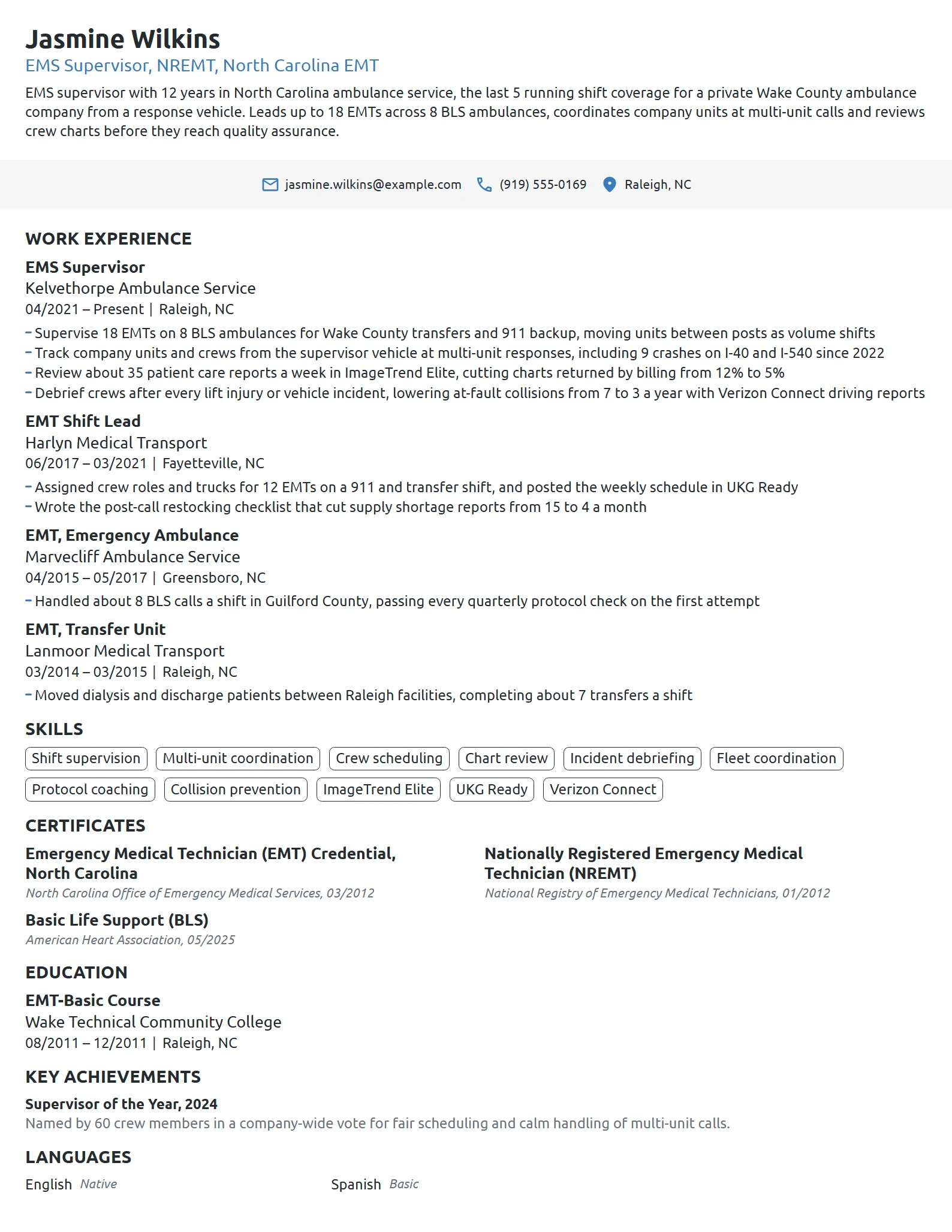 EMS Supervisor resume example