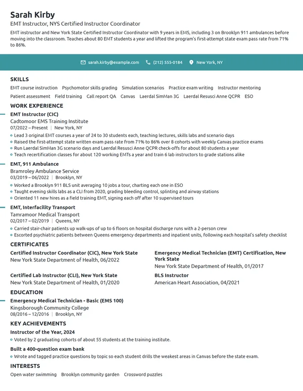 EMT Instructor resume example