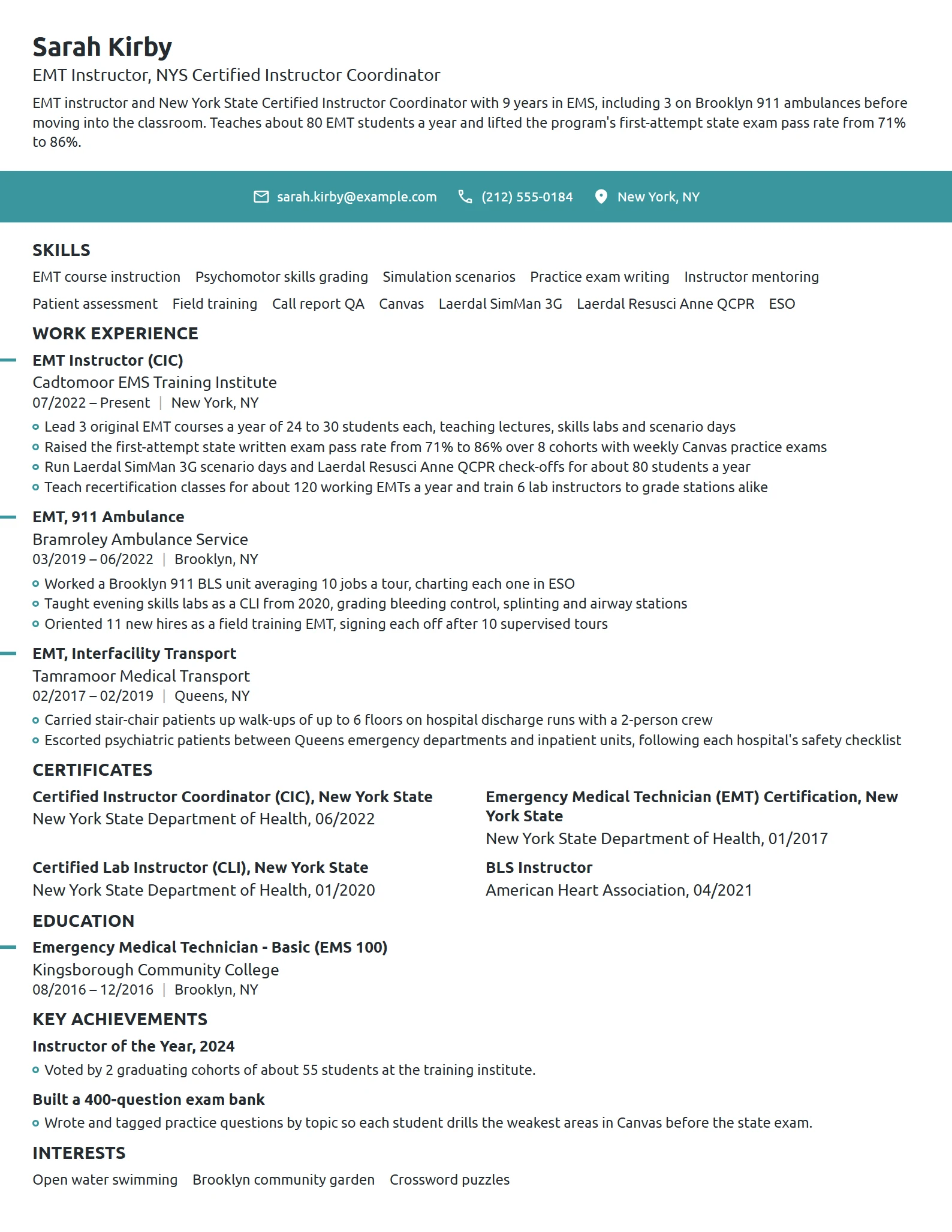 EMT Instructor resume example