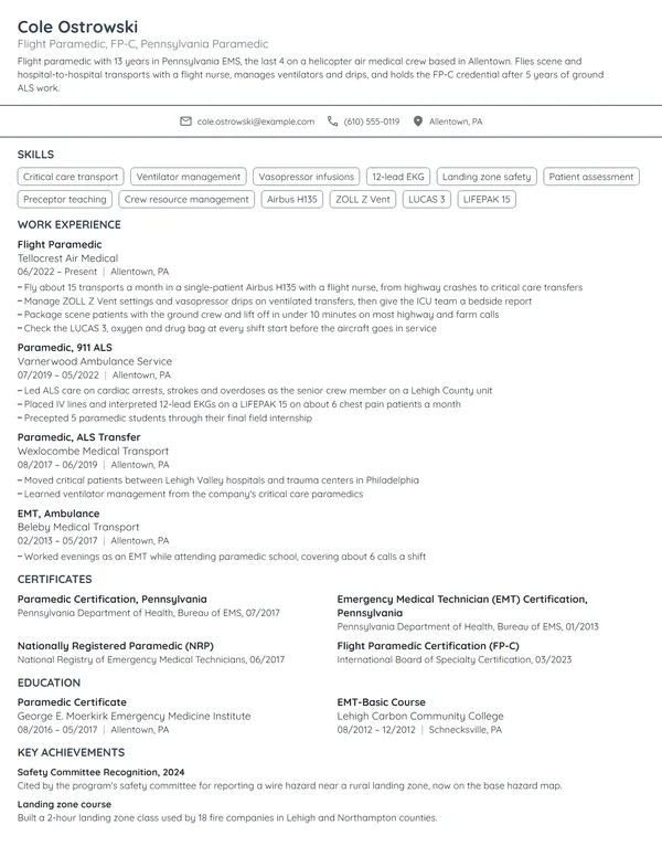 Flight Paramedic resume example