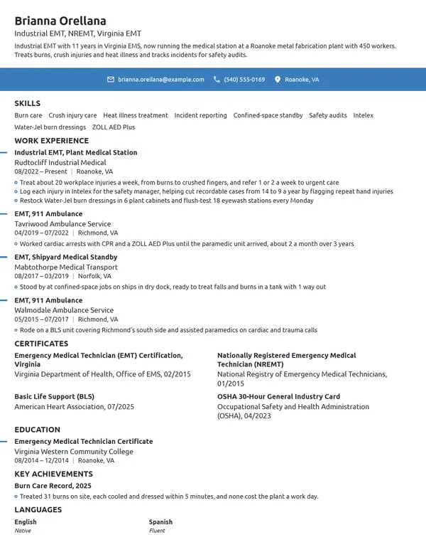 Industrial EMT resume example