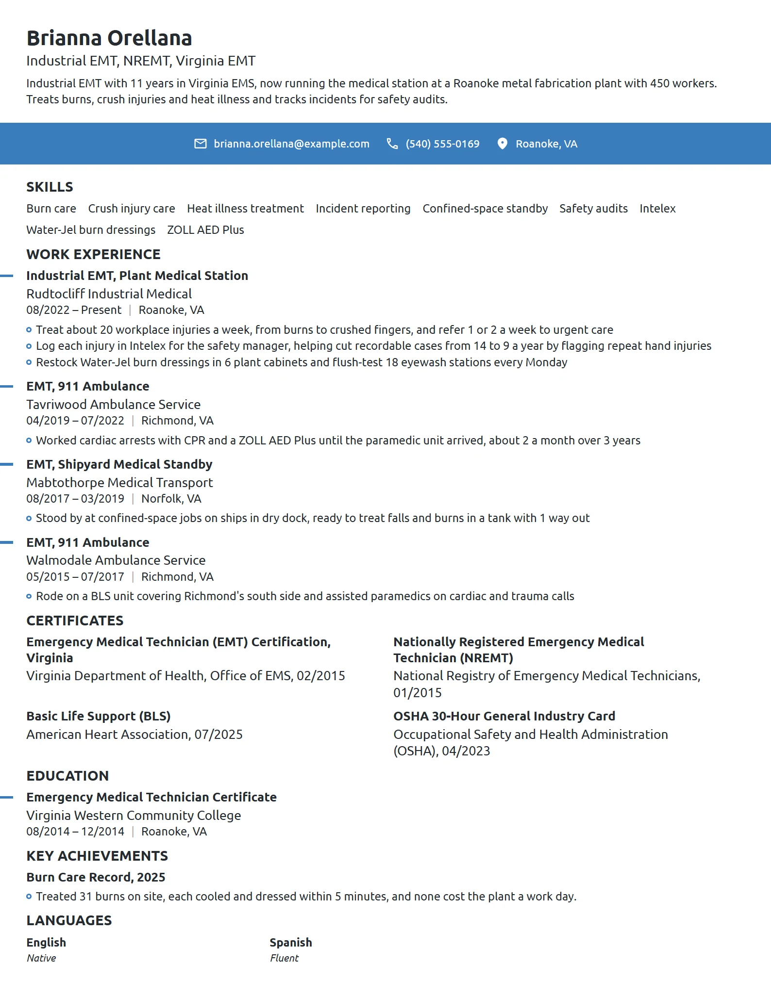 Industrial EMT resume example