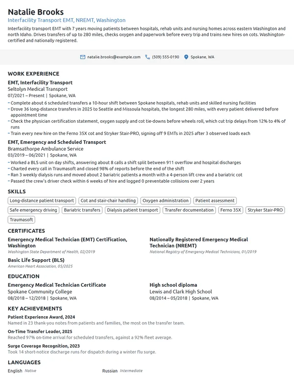 Interfacility Transport EMT resume example