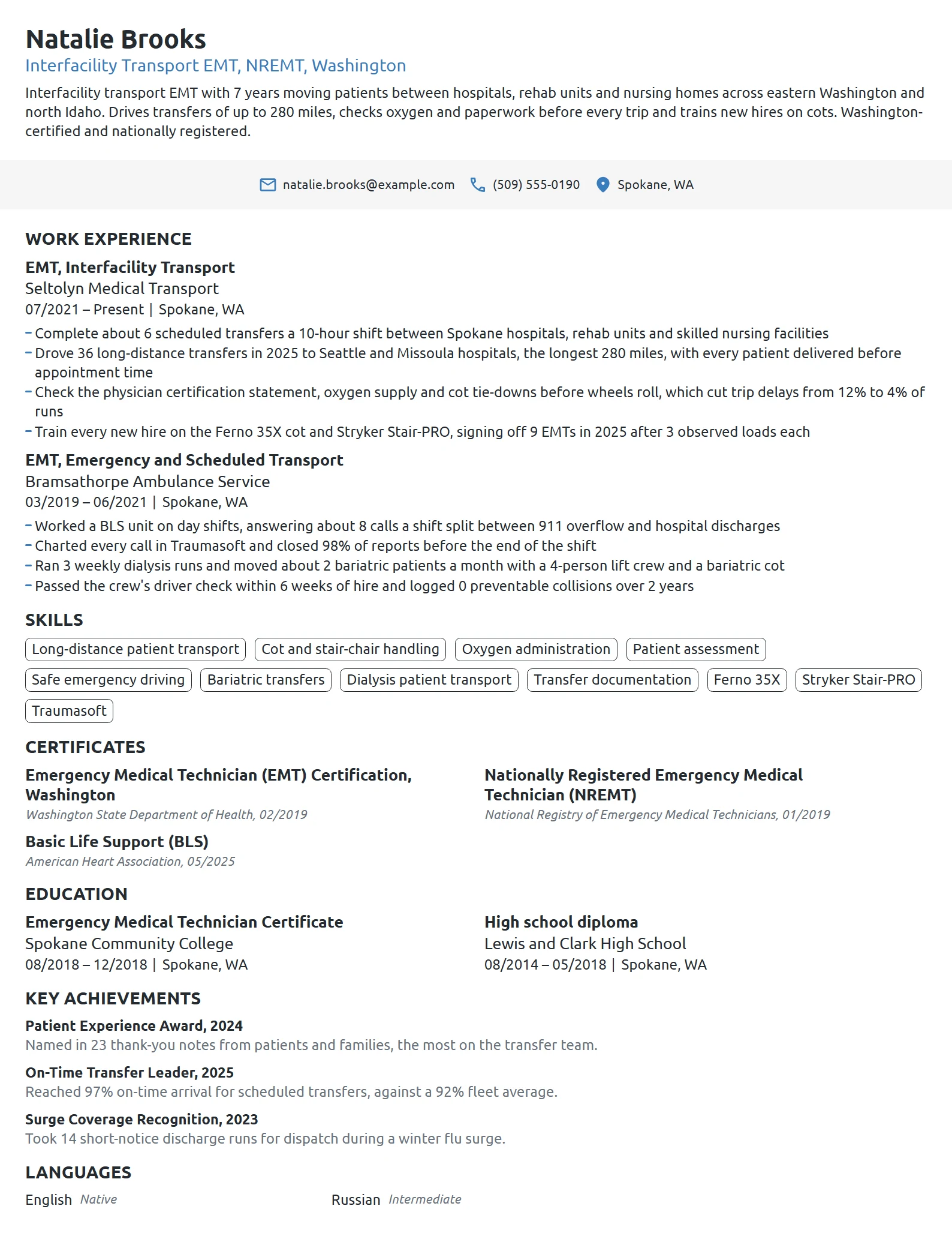 Interfacility Transport EMT resume example