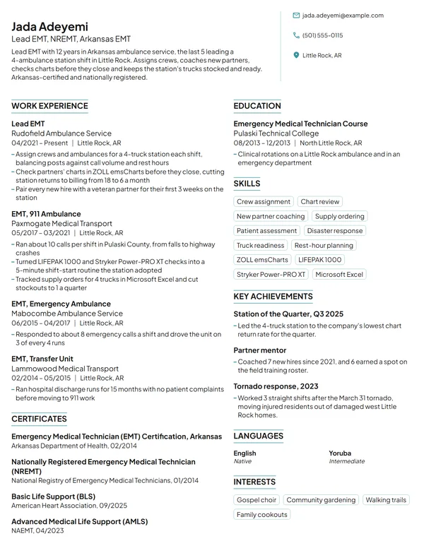Lead EMT resume example