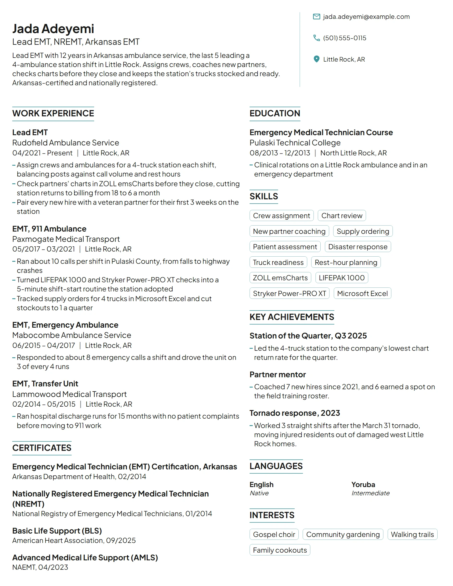 Lead EMT resume example
