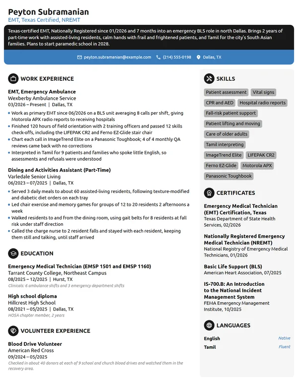 New Grad EMT resume example