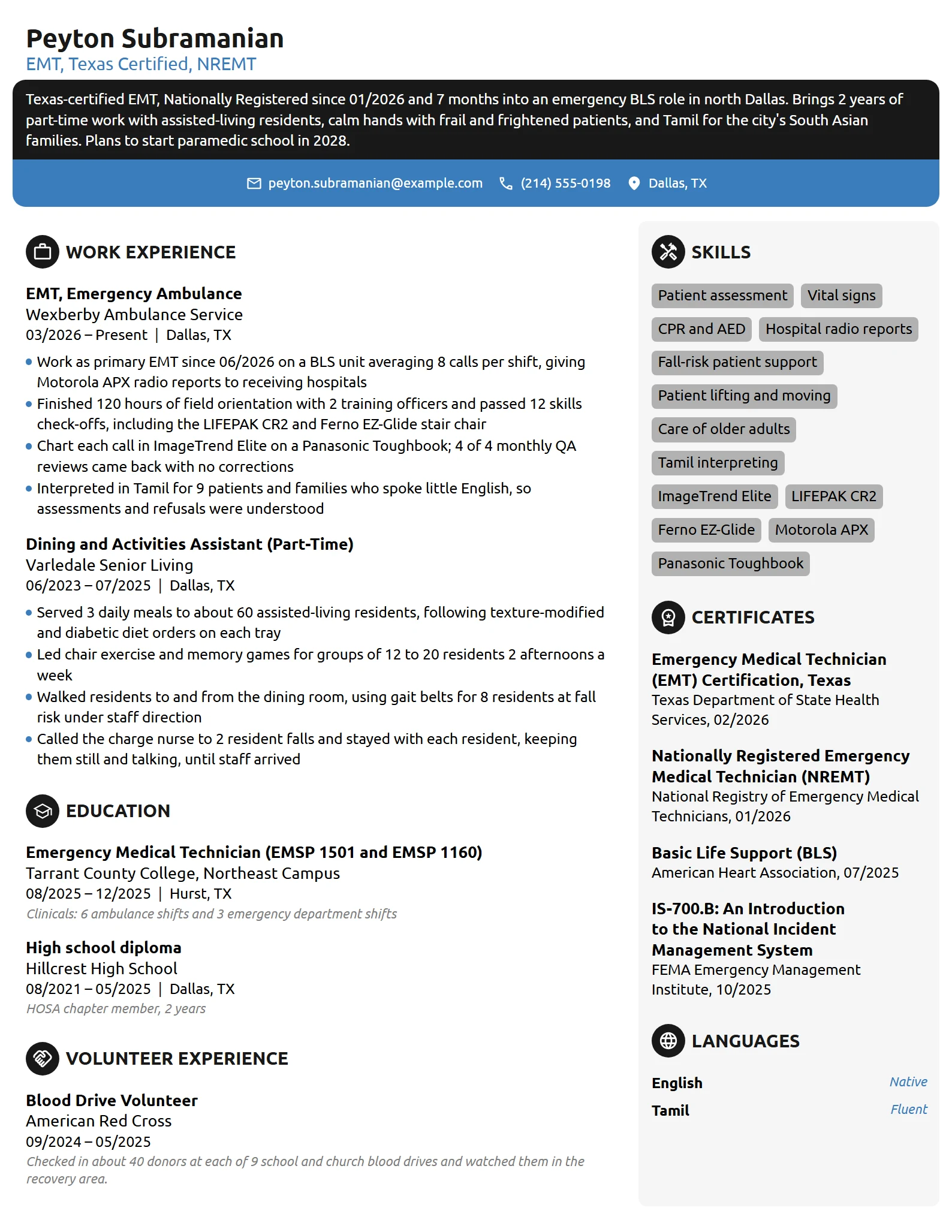 New Grad EMT resume example
