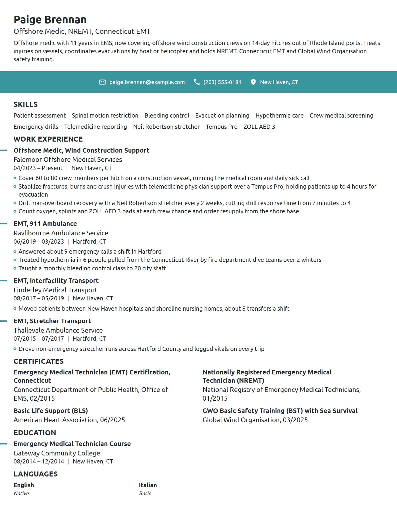 Offshore Medic resume example