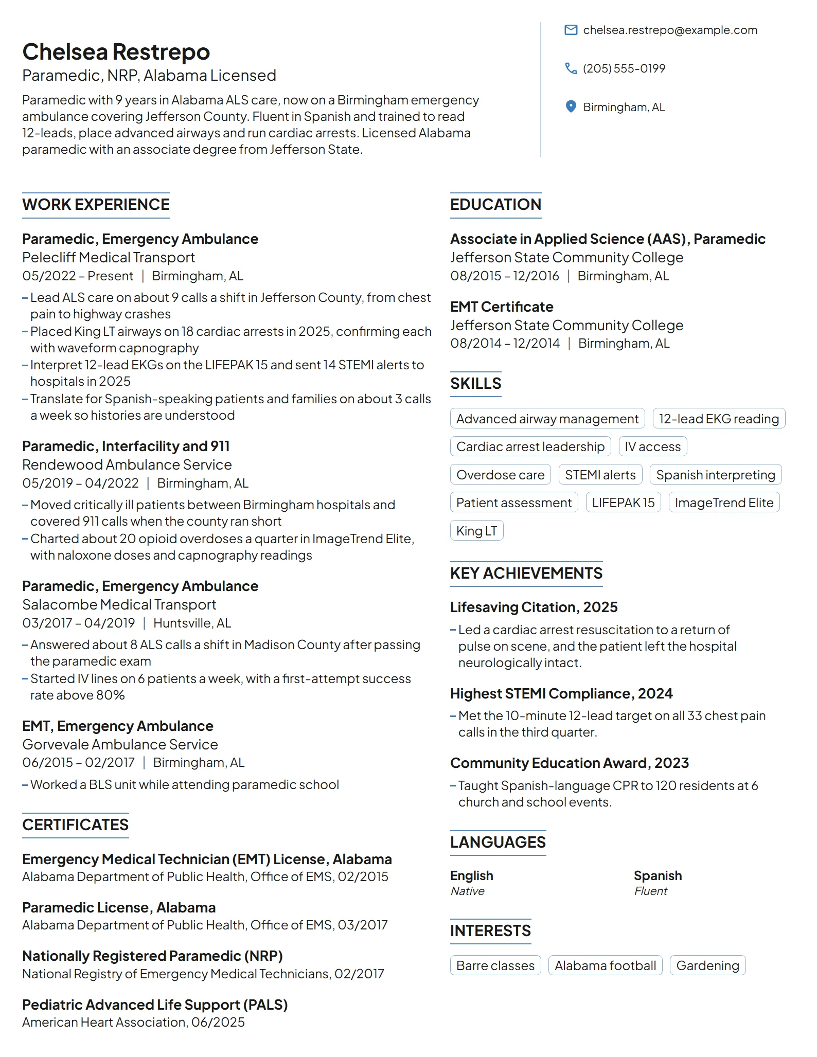 Paramedic resume example