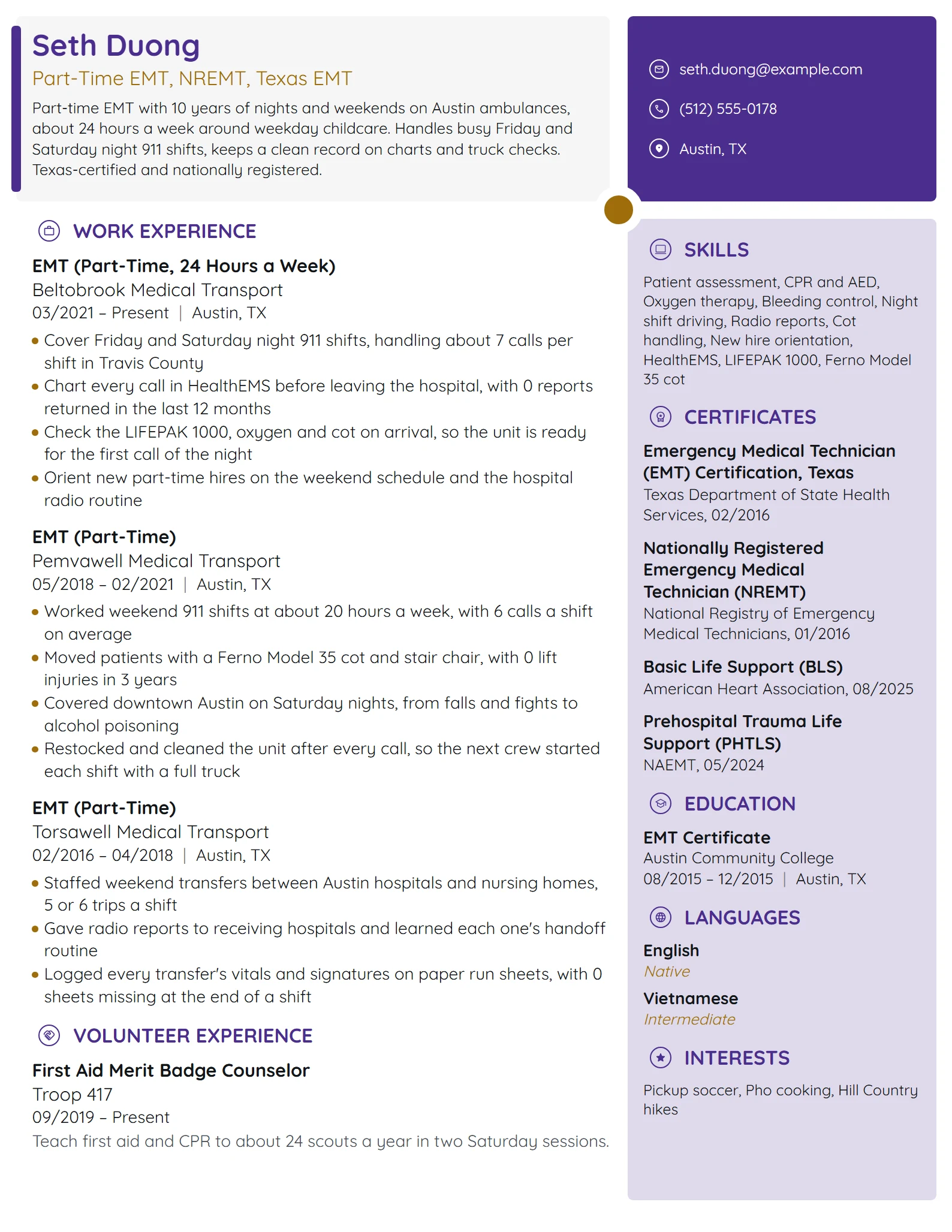 Part-Time EMT resume example