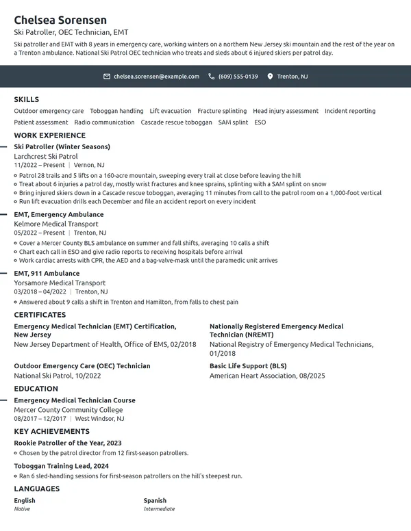 Ski Patroller resume example