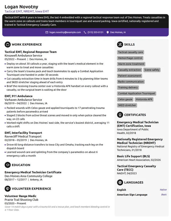 Tactical EMT resume example