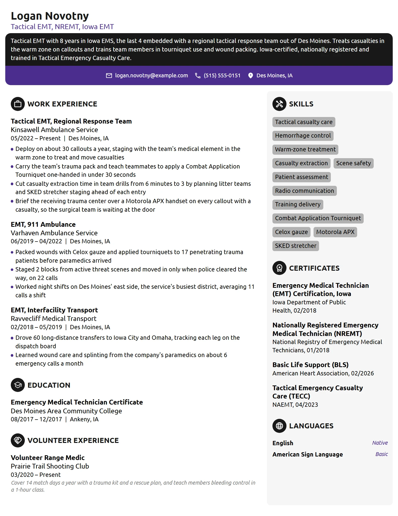 Tactical EMT resume example