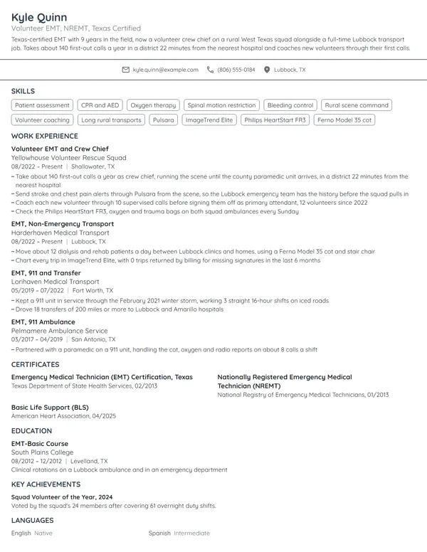 Volunteer EMT resume example