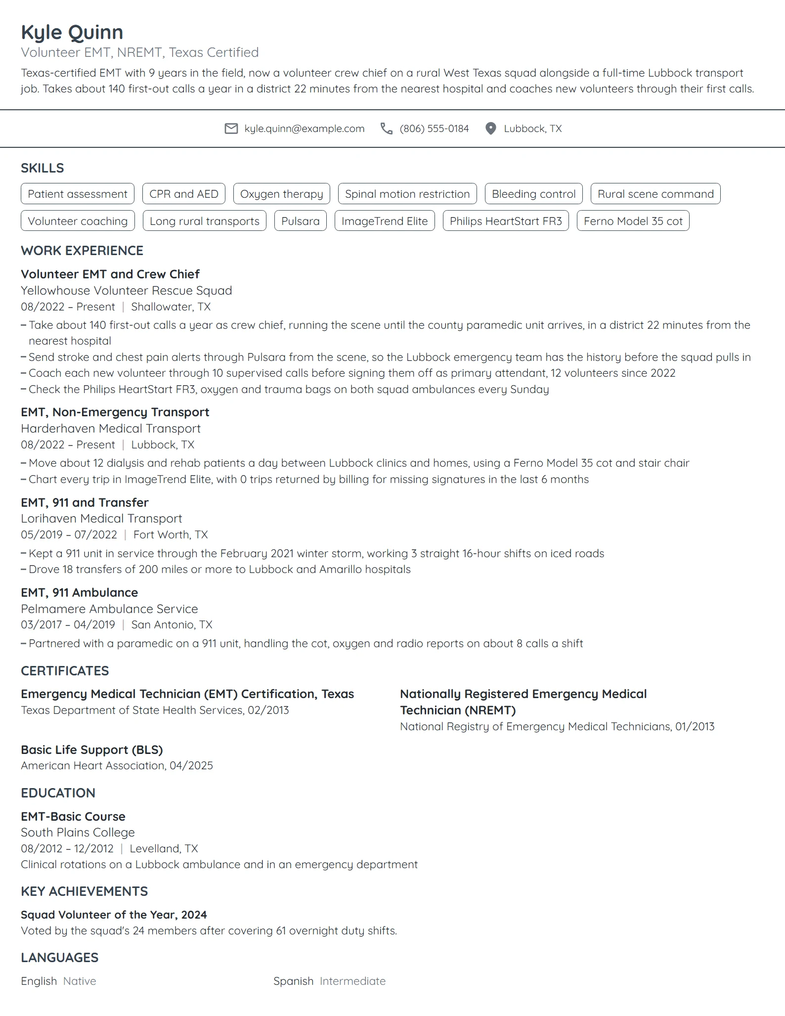 Volunteer EMT resume example