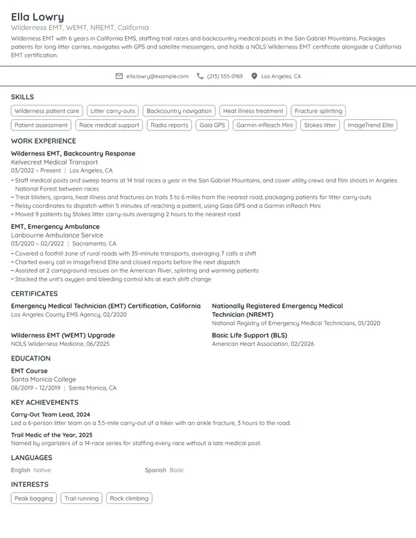 Wilderness EMT resume example