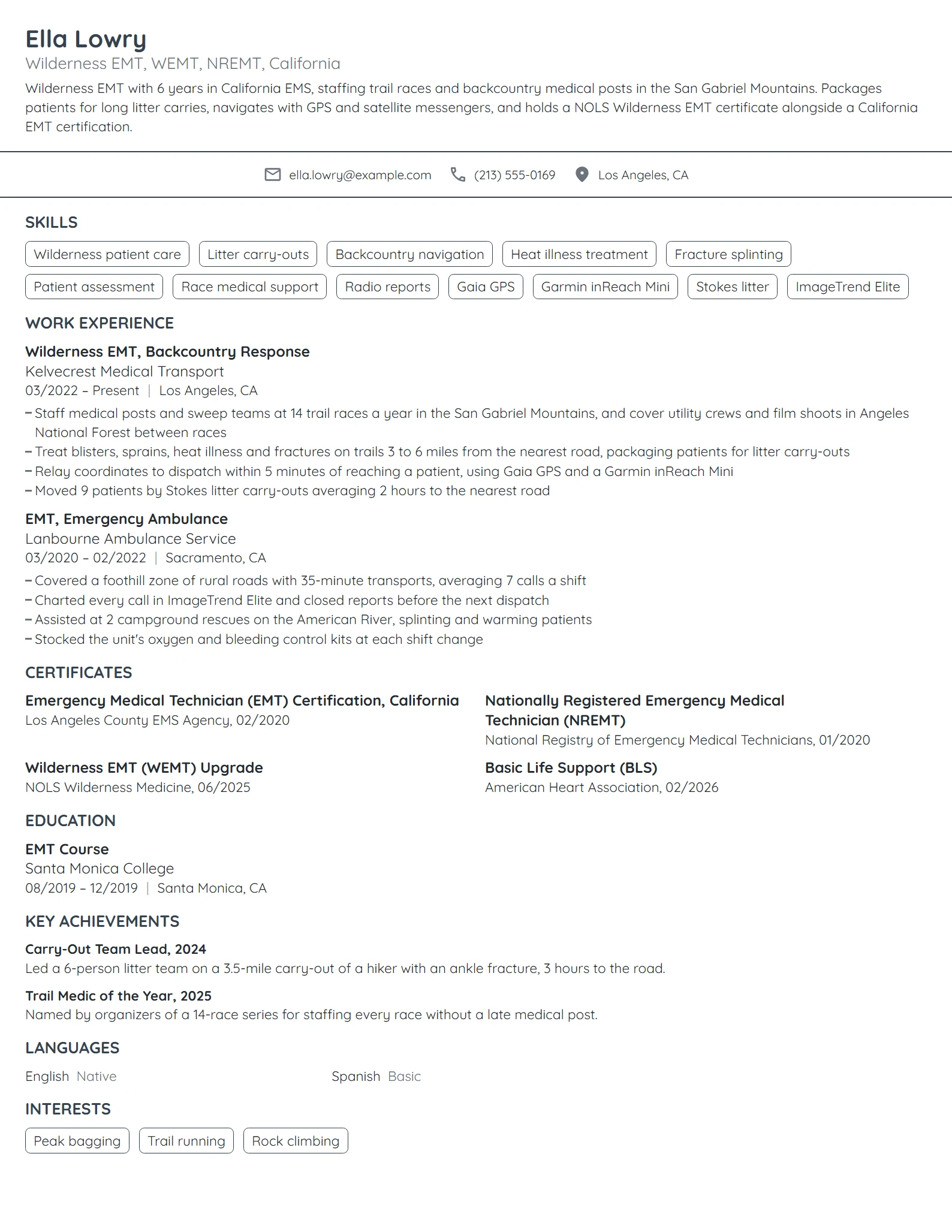 Wilderness EMT resume example