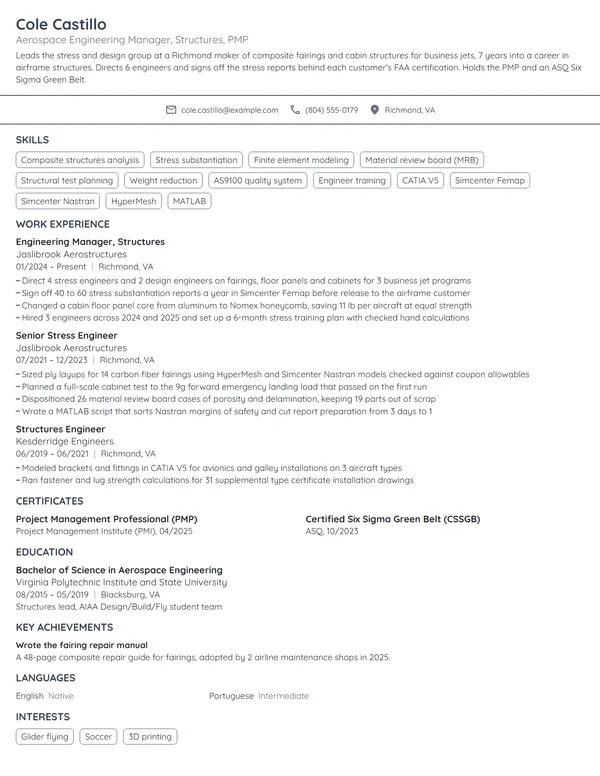 Aerospace Engineering Manager resume example